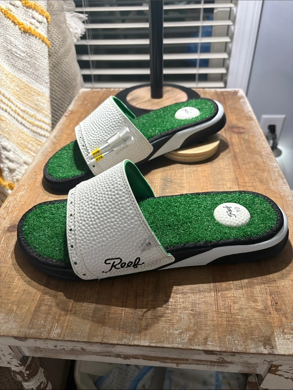 Reef Men’s White Slides with Green Turf Footbed